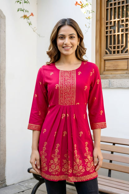 Cherry Red Rayon Flared Short Kurti with Pearl Gold Print For Women