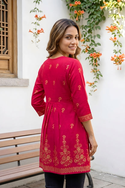 Cherry Red Rayon Flared Short Kurti with Pearl Gold Print For Women