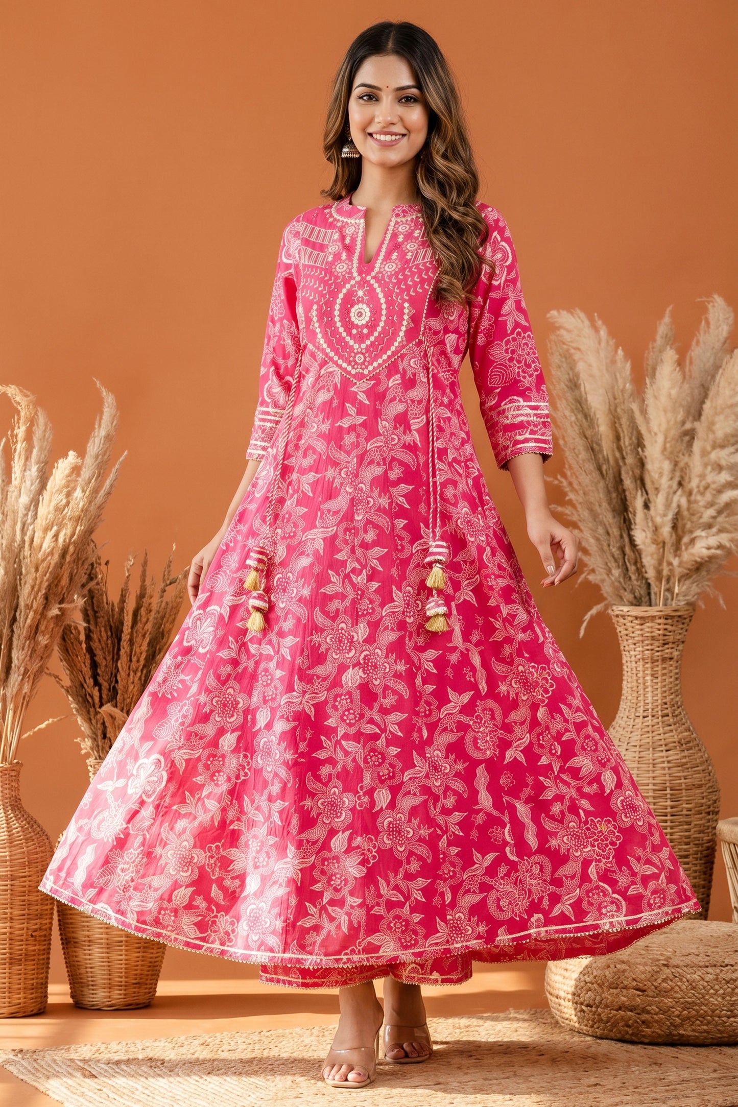 Rosy Pink Umbrella Flair Anarkali Long Kurti with Embroidery and Tussles