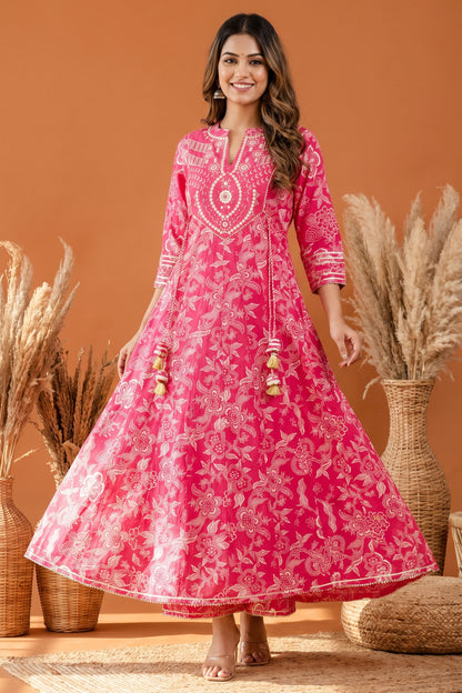 Rosy Pink Umbrella Flair Anarkali Long Kurti with Embroidery and Tussles
