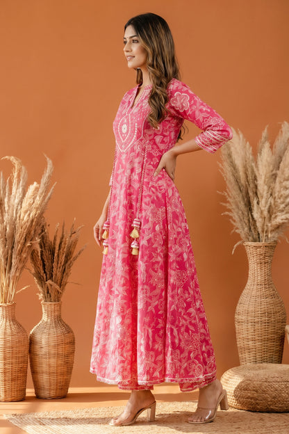 Rosy Pink Umbrella Flair Anarkali Long Kurti with Embroidery and Tussles