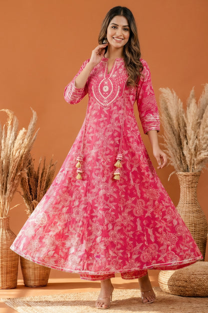 Rosy Pink Umbrella Flair Anarkali Long Kurti with Embroidery and Tussles