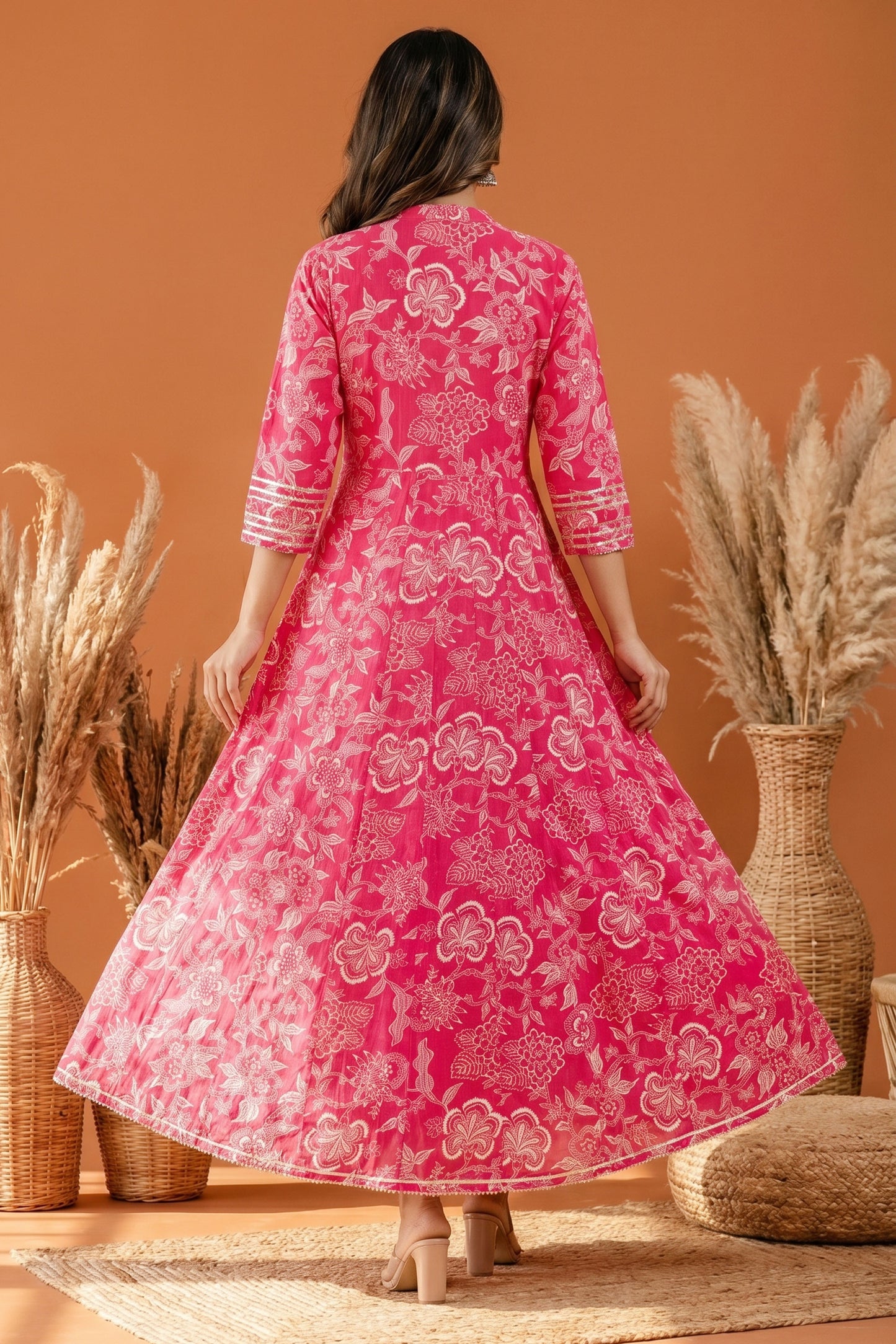 Rosy Pink Umbrella Flair Anarkali Long Kurti with Embroidery and Tussles