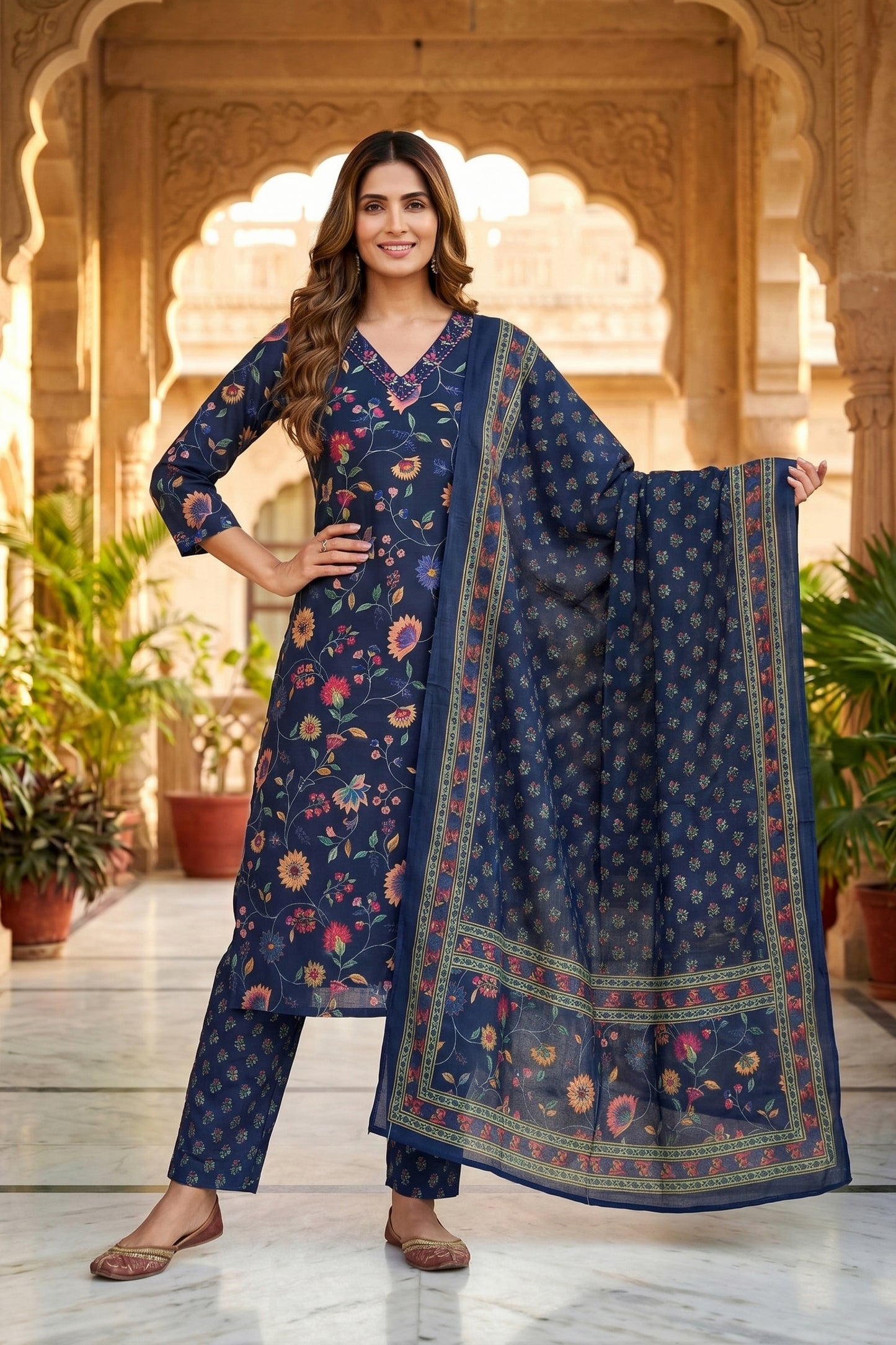 Midnight Meadow Pure Cotton Floral Print Three Piece Suit Set
