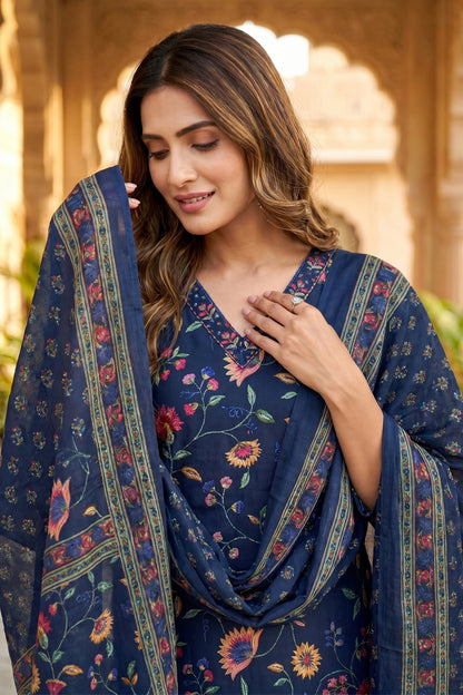 Midnight Meadow Pure Cotton Floral Print Three Piece Suit Set