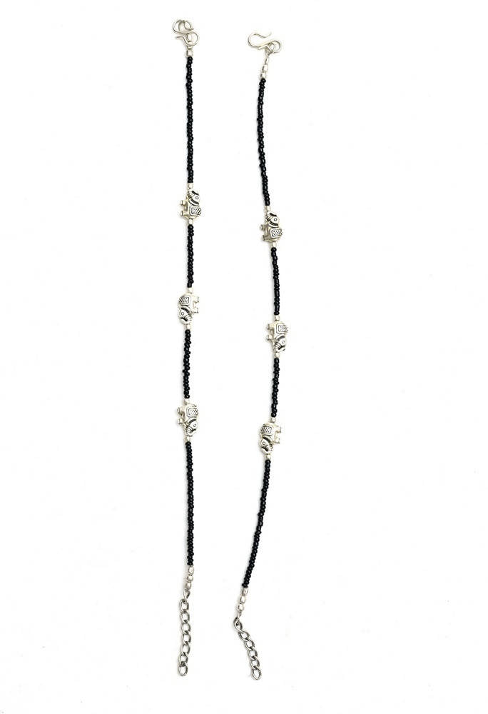 Mominos Fashion Kamal Johar Oxidised Elephant Design Silver/Black Anklets