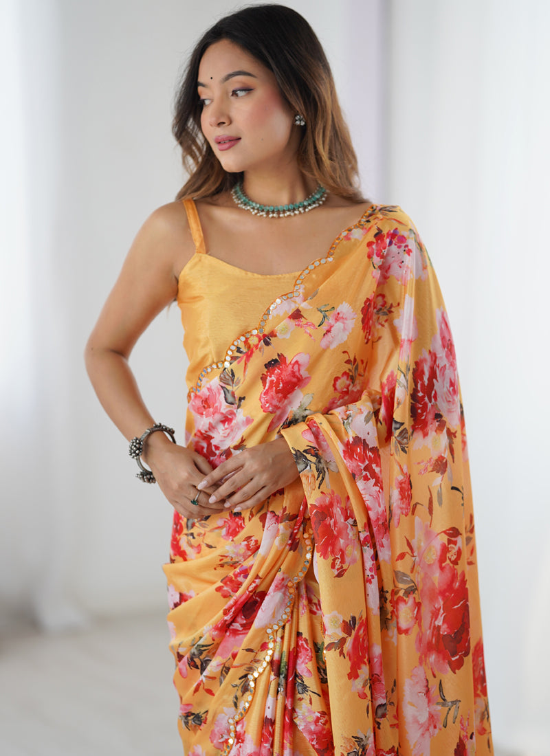 Vegaa Fashion Yellow Silk Print Work With Mirror Work Border Designer Saree