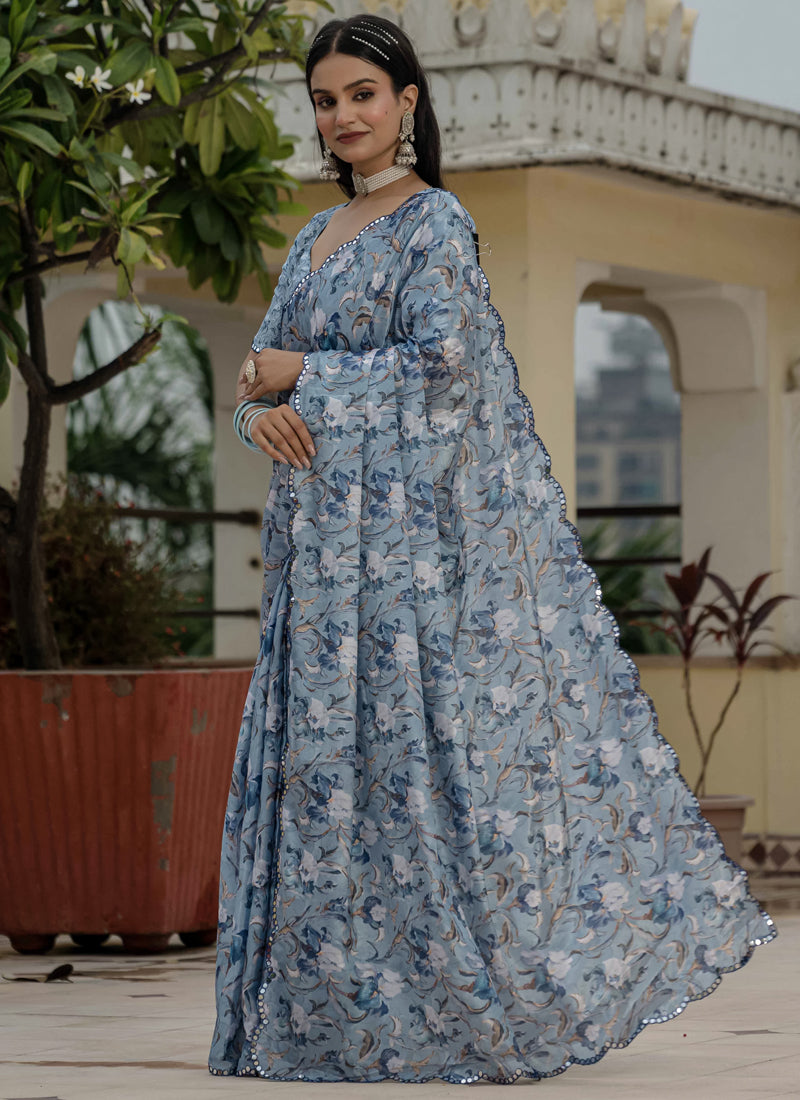 Vegaa Fashion Grey Chinon Silk Floral Printed With Mirror Cut Border Ready To Wear Saree