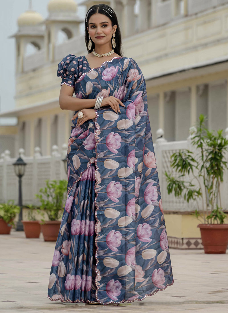 Vegaa Fashion Grey Chinon Silk Floral Printed With Mirror Cut Border Ready To Wear Saree