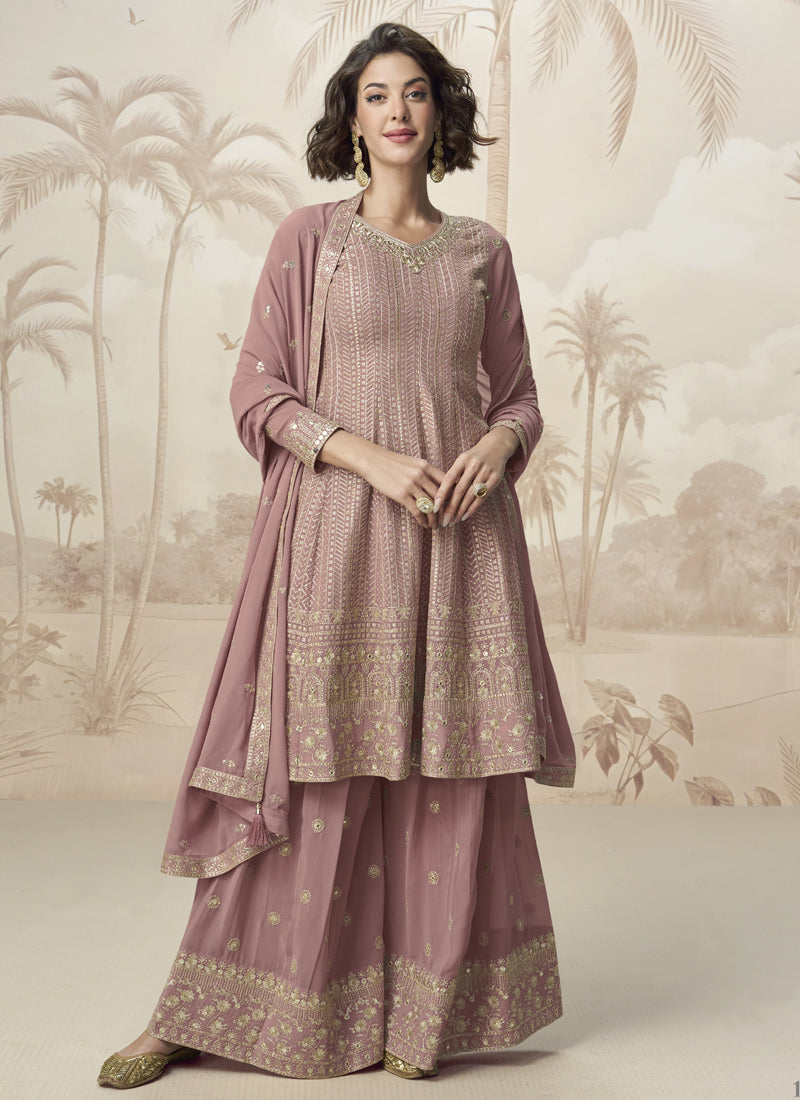 Vegaa Fashion Peach Georgette Embroidered Designer Palazzo Suit