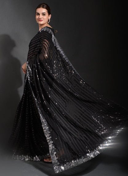 Vegaa Fashion Black Georgette Sequence Party Wear Saree