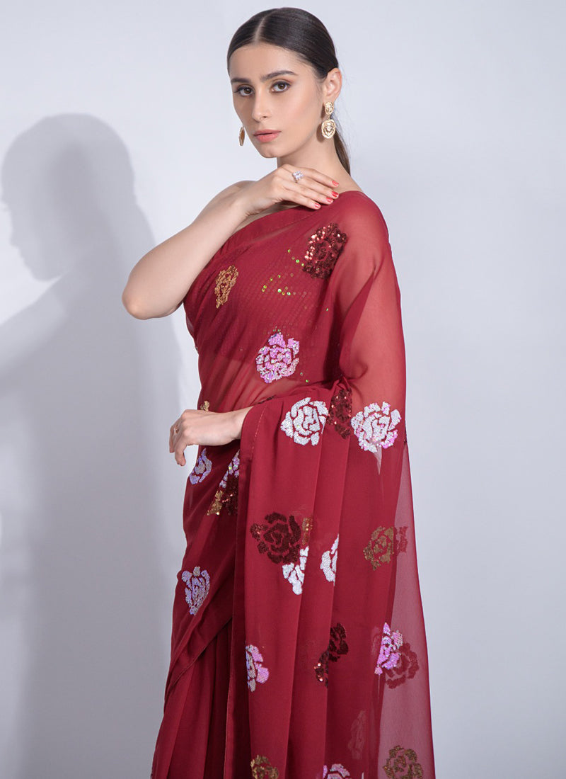 Vegaa Fashion Red Georgette Sequence Flower Work Saree