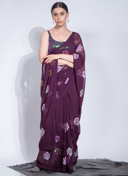 Vegaa Fashion Wine Georgette Sequence Flower Work Saree