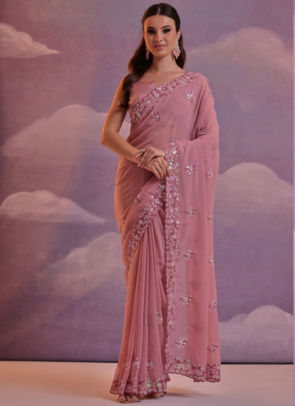Vegaa Fashion Light Pink Grey Soft Georgette Sequence Work Saree