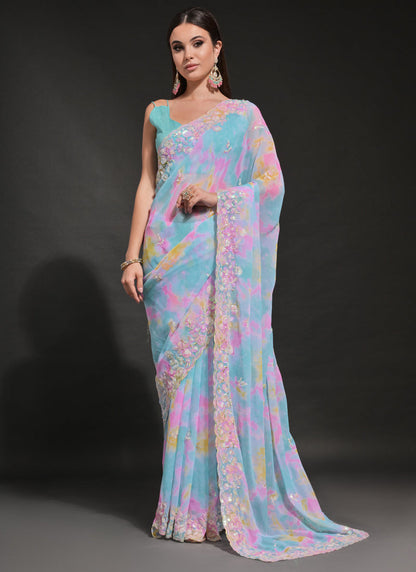 Vegaa Fashion Sky Blue Soft Georgette Sequence Work Saree