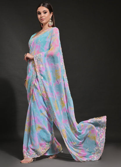 Vegaa Fashion Sky Blue Soft Georgette Sequence Work Saree
