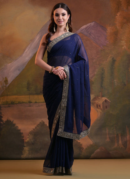 Vegaa Fashion Blue Heavy Georgette Sequence Work Saree