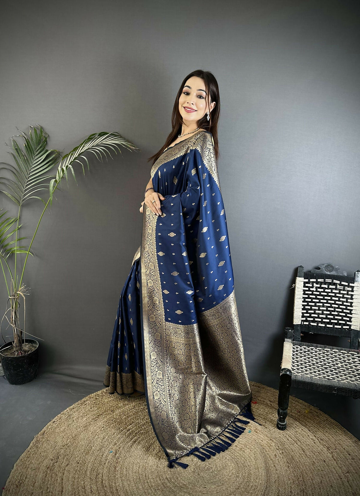 Joban Fashion Navy Blue Zari Weaving Motif Lichi Silk Banarasi Silk Saree