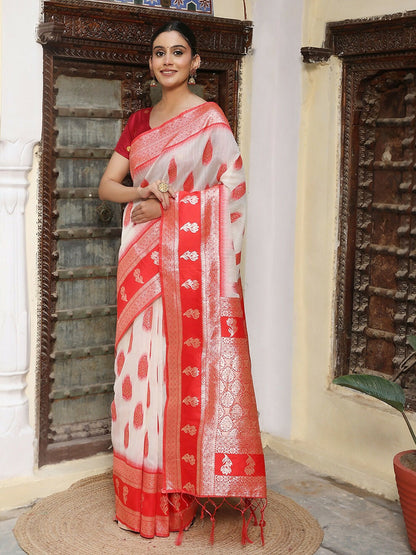 Shree Shyam Fashion White & Red Linen Cotton Saree